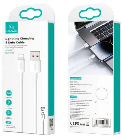 كابل شحن ونقل بيانات USAMS ، من Lightning الي USB Type -A ، بقدرة 2.4 امبير ، 2 متر، ابيض ، US-SJ605