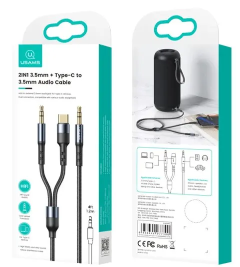 كابل صوت يوسامز 1X2 ، (3.5 مم + Type-C إلى 3.5 مم) ، اسود ، SJ555YP01