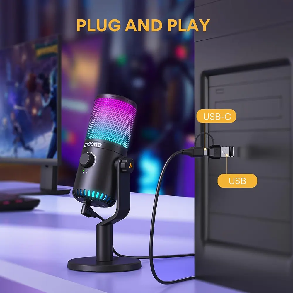ميكروفون جيمينج ماونو مع حامل معدني ، اضواء RGB ، منفذ USB ، أسود ، DM30