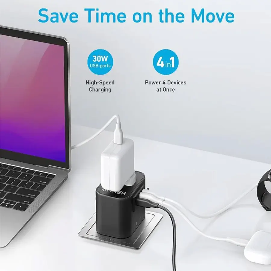 شاحن حائط انكر 312 موسع منافذ، شحن سريع 30 وات، 3 منافذ، يدعم مقبس AU- US - UK - DE، أسود، A9212K11