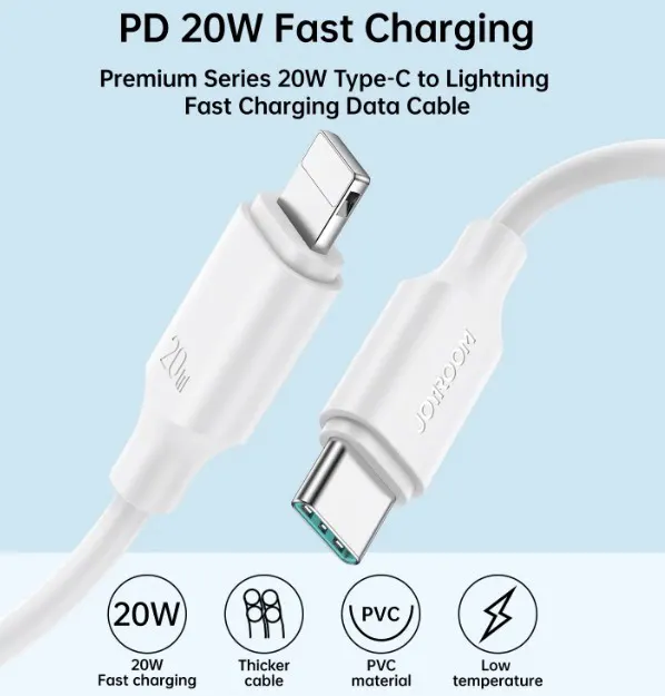 كابل شحن سريع جوي روم ، من Type - C إلى Lightning ، بقوة 20 وات ، 1 متر ، أبيض ، S-CL020A9