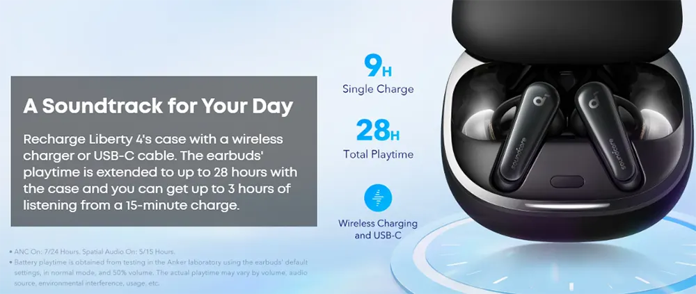 سماعة أذن أنكر ساوند كور ليبرتي 4، بلوتوث 5.3، مقاومة للماء IPX4، تدعم ANC، وقت تشغيل 28 ساعة، أسود، A3953011