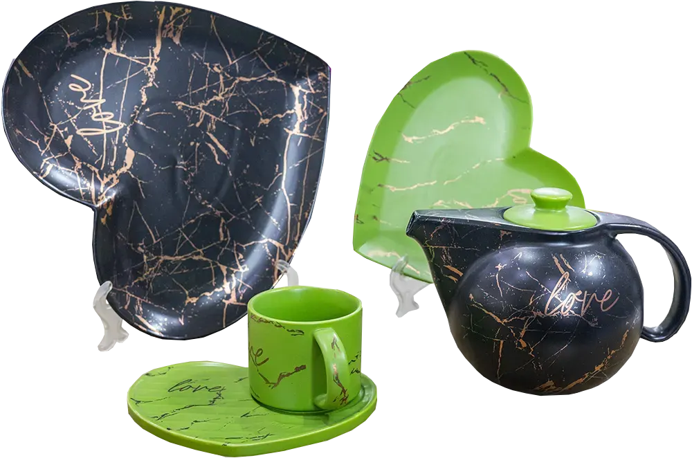 طقم شاي وجاتوه بورسلين على شكل قلب ، 24 قطعة ، اسود في اخضر، موديل 2223-2