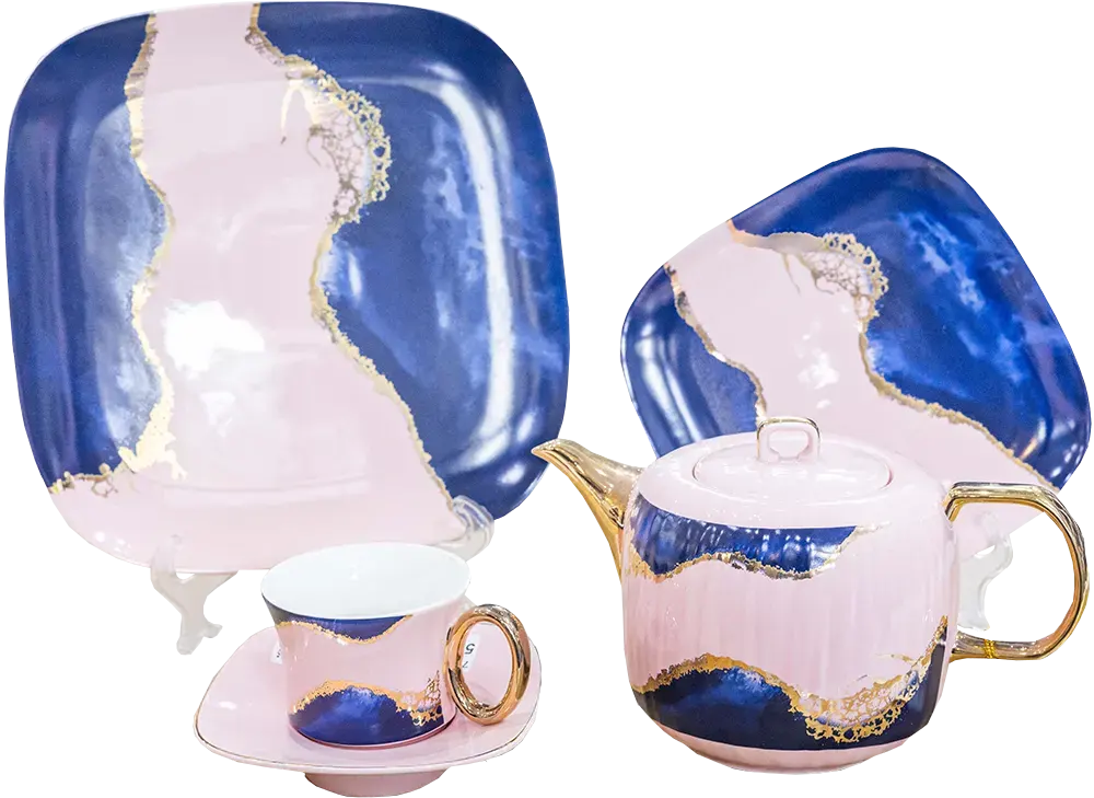 طقم شاي وجاتو البدر 24 قطعة ، وردي في ازرق، موديل BM15