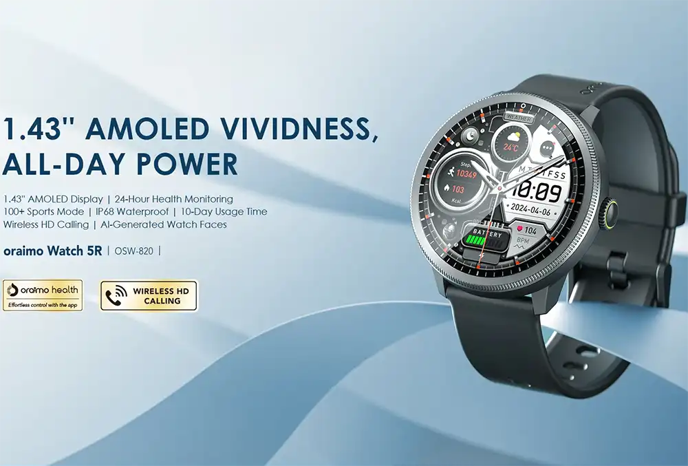 ساعة أورايمو R5 الذكية، شاشة  أموليد مقاس 1.43 بوصة، بلوتوث 5.3، مقاومة للماء، أسود، OSW-820