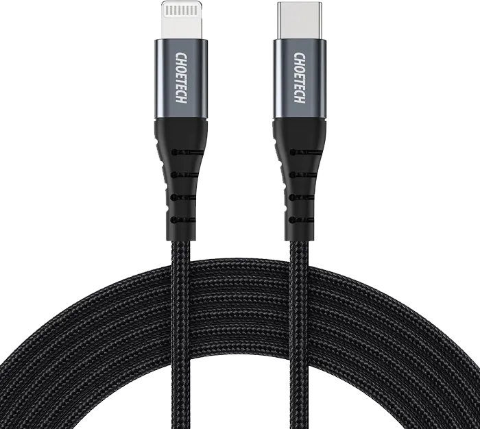 كابل شحن ونقل بيانات سريع تشويتيك، 3 أمبير، التوصيل من TYPE-C الى LIGHTNING، نايلون مضفر، أسود، IP0041