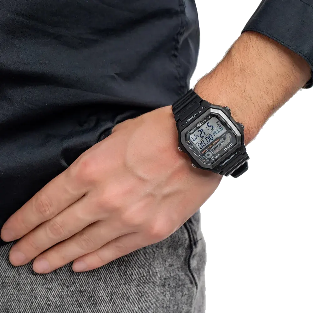 ساعة كاسيو الرقمية للرجال، مينا اسود، سوار من الراتنج الاسود، AE-1600H-1AVDF