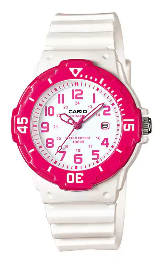 ساعة كاسيو للنساء،عقارب دائرية ،مينا ابيض، سوار من الراتنج الابيض، LRW-200H-4BVDF