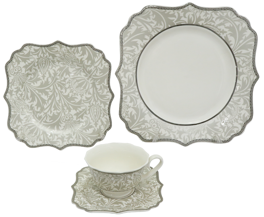 طقم صيني كينج مربع ، ابيض في جراي ، 111 قطعة ، LM-06