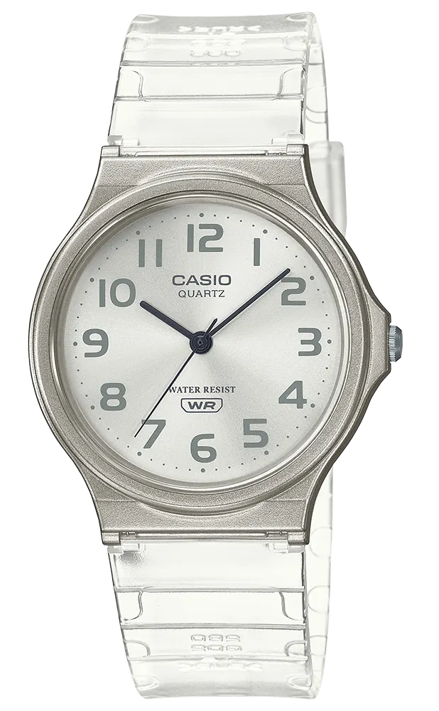 ساعة كاسيو النسائية، عقارب، دائرية، مينا ابيض، سوار من الراتنج الأبيض، MQ-24S-7BDF