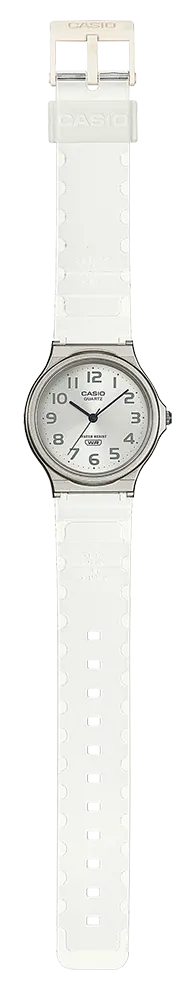 ساعة كاسيو النسائية، عقارب، دائرية، مينا ابيض، سوار من الراتنج الأبيض، MQ-24S-7BDF