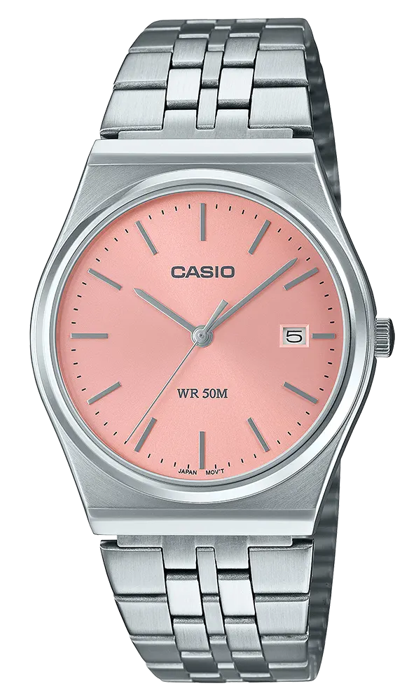 ساعة كاسيو للنساء، مينا بينك، عقارب دائرية، سوار ستانلس ستيل فضي، MTP-B145D-4AVDF