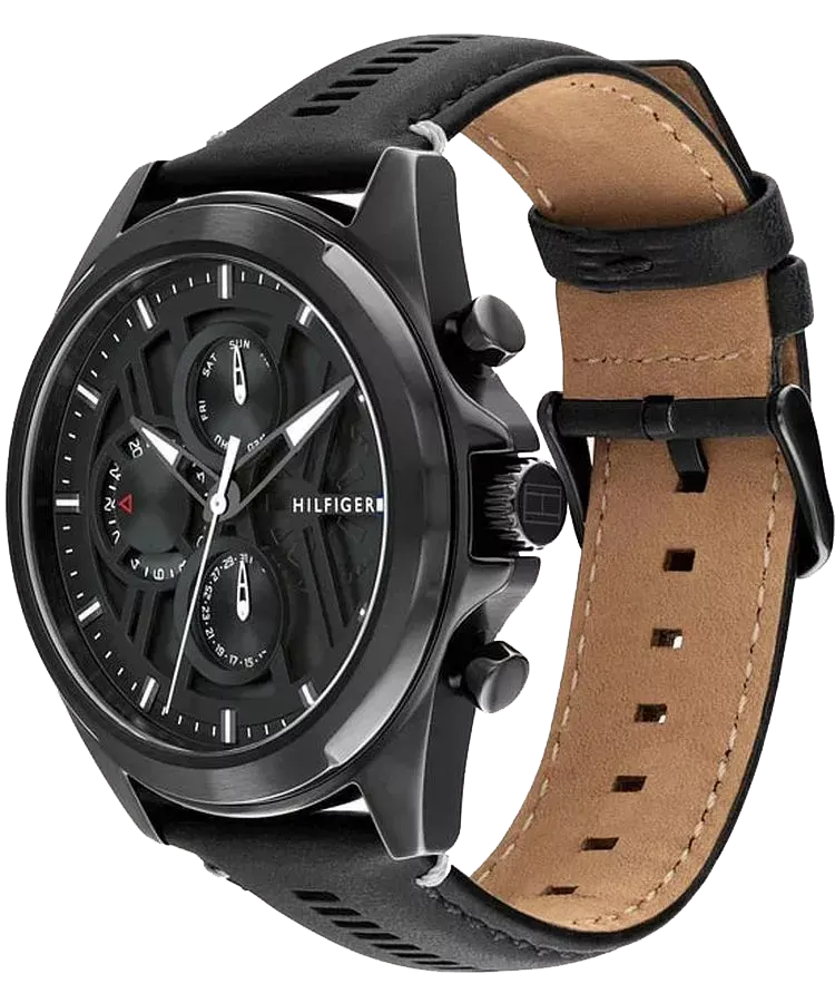 ساعه تومي هيلفيغر رجالي، مينا اسود، عقارب، سوار جلد  اسود, 1710654