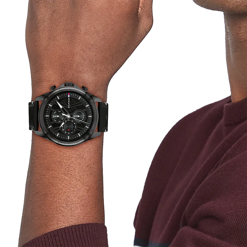 ساعه تومي هيلفيغر رجالي، مينا اسود، عقارب، سوار جلد  اسود, 1710654