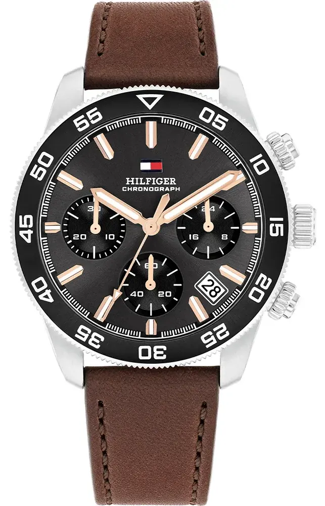 ساعة تومي هيلفيغر للرجال، مينا رمادي، عقارب دائرية، سوار جلد بني، 1792213