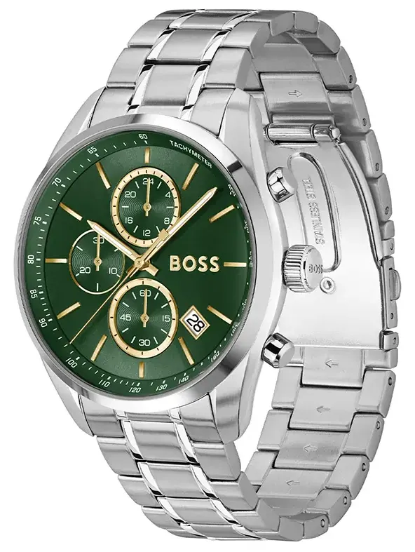 ساعة هوغو بوس رجالي، مينا اخضر، عقارب دائرية، سوار ستانلس ستيل فضي، HB151.4266
