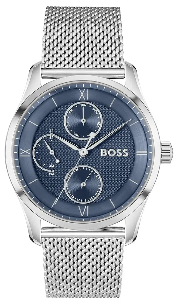 ساعة هوغو بوس رجالي، مينا ازرق داكن، عقارب دائرية، سوار ستانلس ستيل فضي، HB151.4276