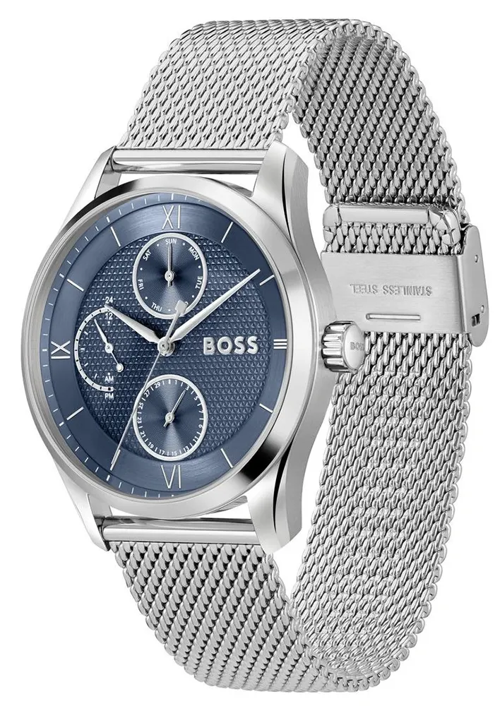 ساعة هوغو بوس رجالي، مينا ازرق داكن، عقارب دائرية، سوار ستانلس ستيل فضي، HB151.4276