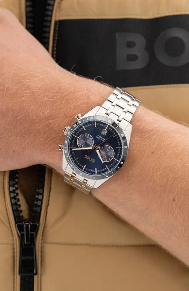 ساعة هوغو بوس رجالي، مينا ازرق، عقارب دائرية، سوار ستانلس ستيل فضي، HB151.4288