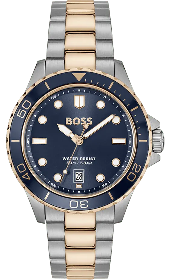 ساعة هوغو بوس رجالي، مينا ازرق داكن، عقارب دائرية، سوار ستانلس ستيل فضي، HB151.4296