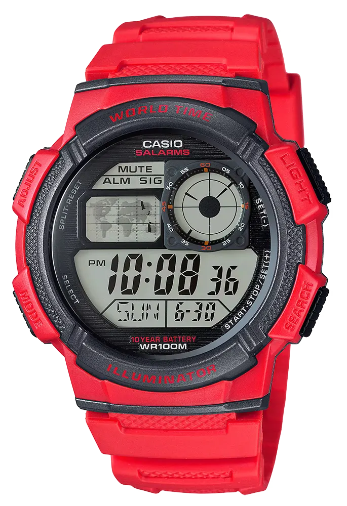 ساعة كاسيو الرقمية للرجال، مينا اسود، سوار من الراتنج الاحمر، AE-1000W-4AVDF