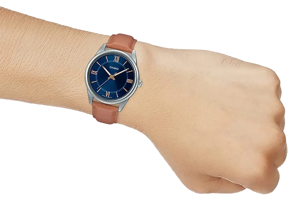 ساعه كاسيو رجالي، مينا ازرق، عقارب، سوار جلد بني, MTP-V005L-2B5UDF