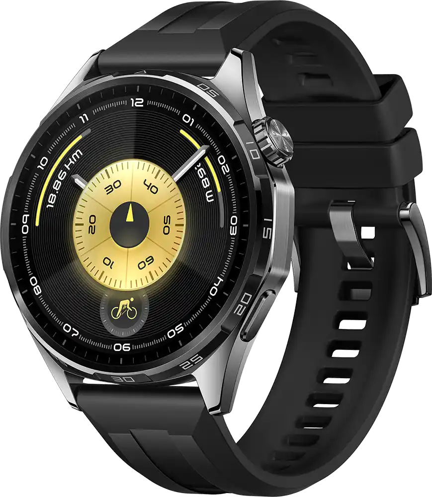 ساعة سمارت هواوي GT6 حجم (46 مم)، شاشة AMOLED مقاس 1.47 بوصة، حزام فلورولاستومر، مقاومة للماء ، أسود