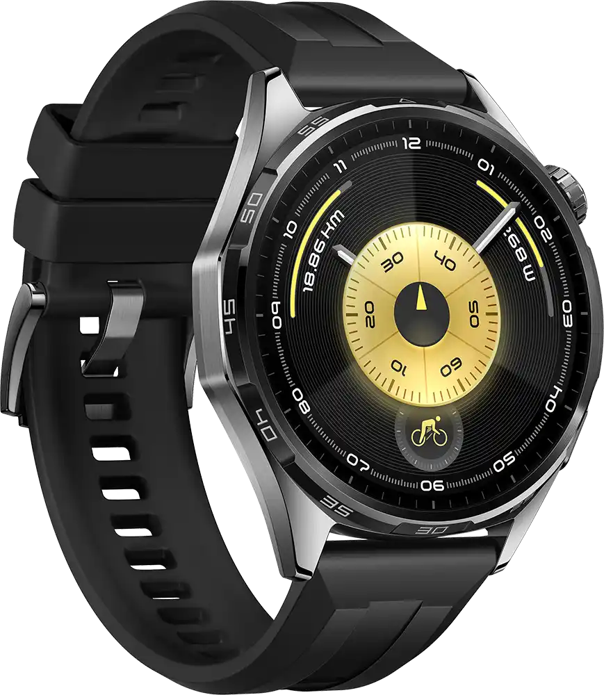 ساعة سمارت هواوي GT6 حجم (46 مم)، شاشة AMOLED مقاس 1.47 بوصة، حزام فلورولاستومر، مقاومة للماء ، أسود