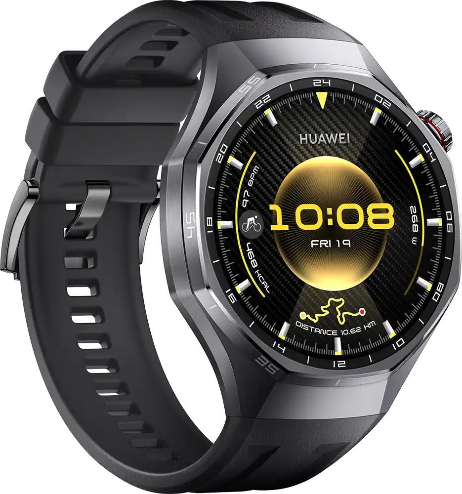 ساعة سمارت هواوي GT6 Pro حجم (46 مم)، شاشة AMOLED مقاس 1.47 بوصة، حزام فلورولاستومر، مقاومة للماء ، أسود