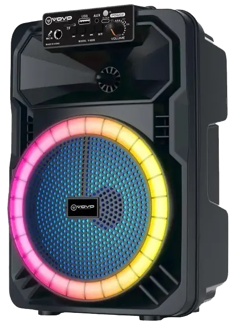مكبر صوت لاسلكي فوفو ، مقاس 8 انش ، إضائة RGB ، ريموت كنترول ، مايكروفون سلكي ، أسود ، V-8026