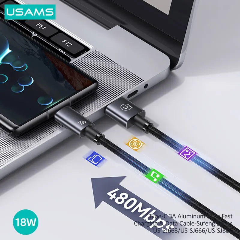 كابل شحن ونقل بيانات سريع من يوسامز، 3 أمبير، 1.2 متر، توصيل من usb الى Type-c، أسود، SJ663USB01