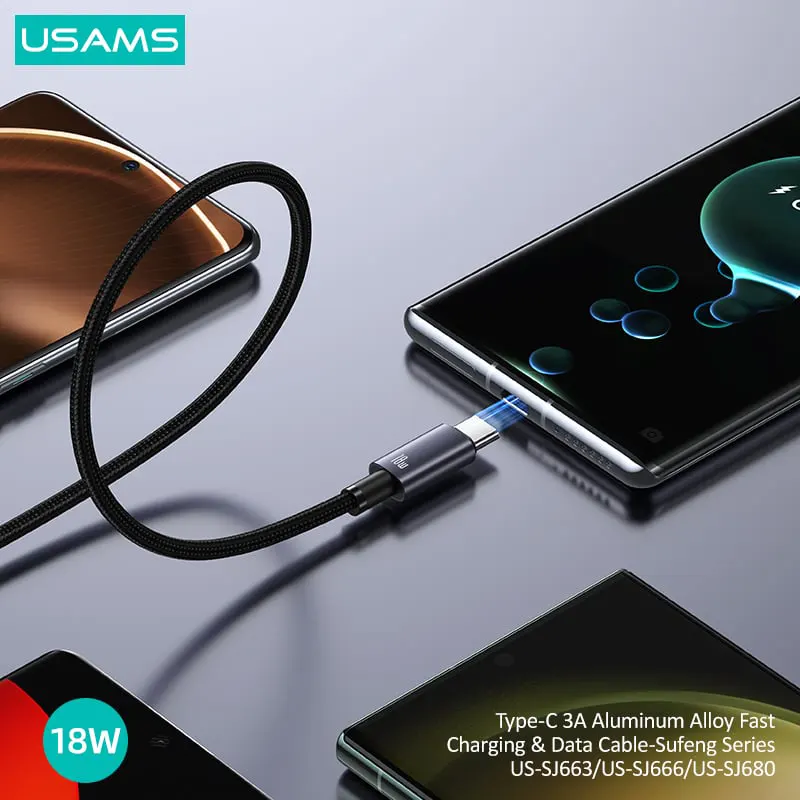 كابل شحن ونقل بيانات سريع من يوسامز، 3 أمبير، 1.2 متر، توصيل من usb الى Type-c، أسود، SJ663USB01