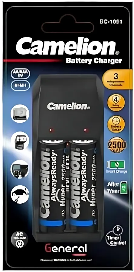 شاحن سريع من كاميليون ، 240 فولت ، مع بطاريتان AA بسعة 2500 مللي قابلة للشحن ، اسود ،   BC-1091