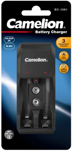 شاحن سريع من كاميليون ، 240 فولت ، مع بطاريتان AA بسعة 2500 مللي قابلة للشحن ، اسود ،   BC-1091