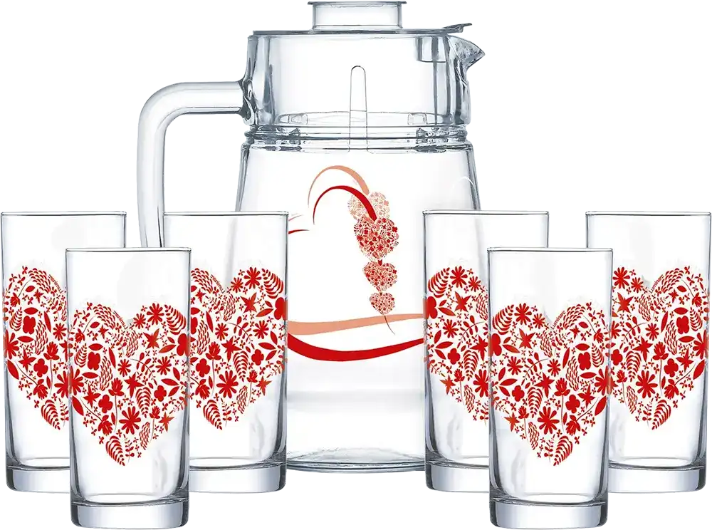 طقم شربات جولي كور ريد لومينارك ، مكون من 7 قطع ، دورق + 6 شوب ، أحمر