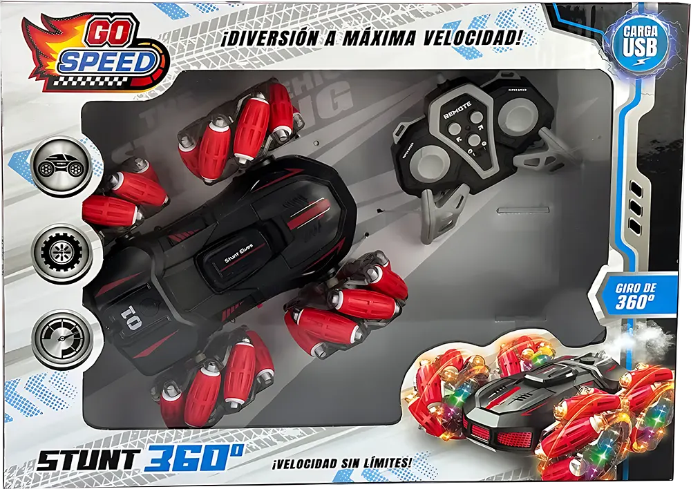 سيارة سباق بهلوانية، ريموت تحكم عن بعد، دوران 360 درجة، موسيقى وأضواء مثيرة، ألوان متعددة