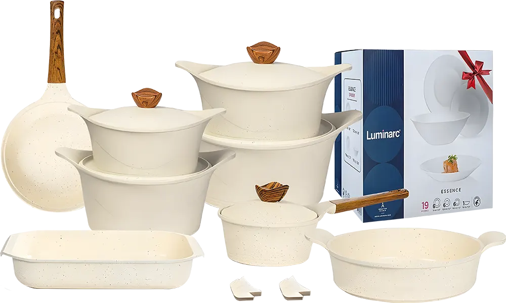 طقم حلل جرانيت جلوري بريميوم 36 قطعة، طقم لومينارك ايسنس 19 قطعة هدية، لون بيج