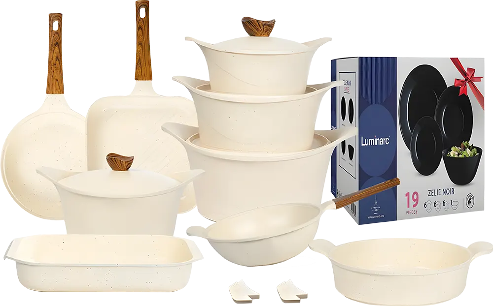 طقم حلل جرانيت جلوري بريميوم 36 قطعة، طقم لومينارك زيلي نوير 19 قطعة هدية، لون بيج