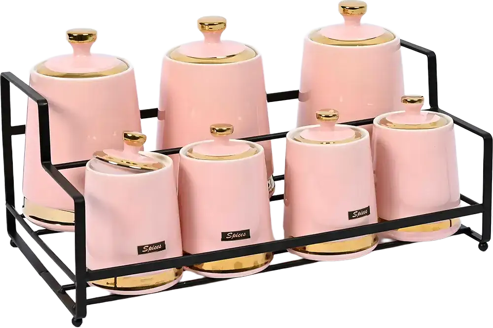 طقم توابل بورسلين 7 قطع مع حامل معدني، بينك* ذهبي، موديل 749-4