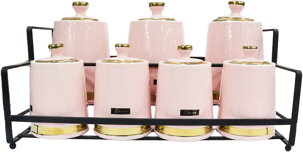 طقم توابل بورسلين 7 قطع مع حامل معدني، بينك* ذهبي، موديل 749-4