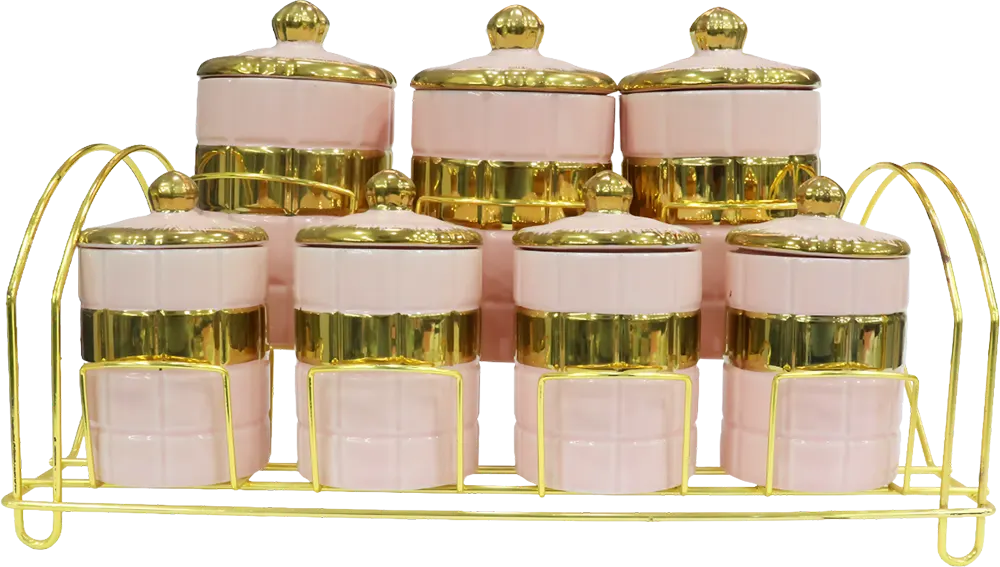 طقم توابل بورسلين 7 قطع مع حامل معدني، بينك* ذهبي، موديل 873