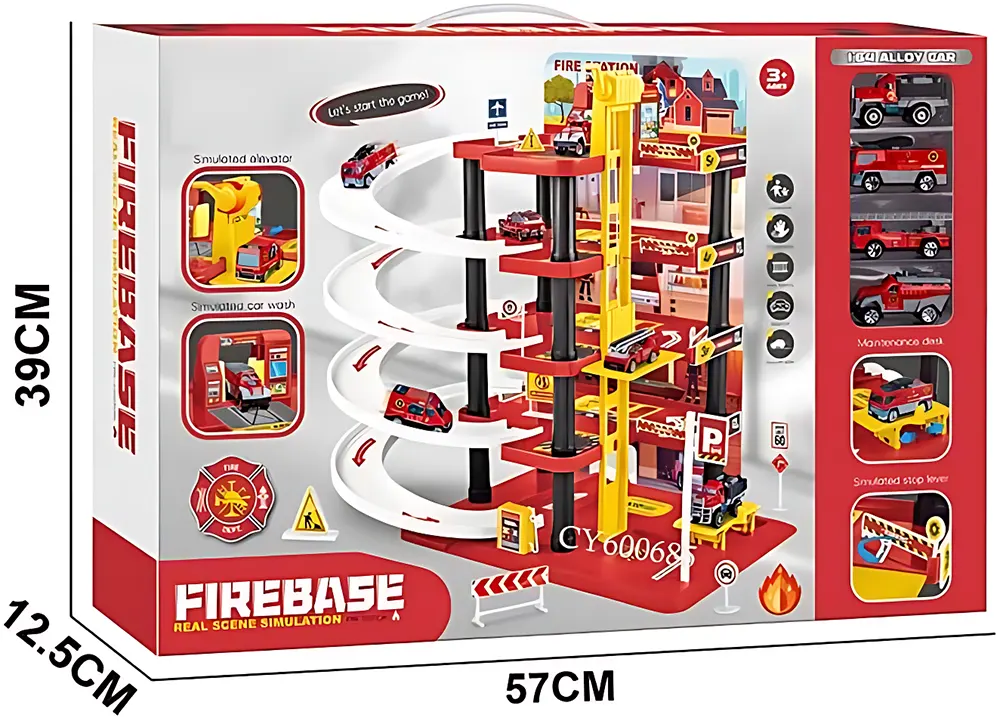 لعبة جراج سيارات الإطفاء، مسار سباق تفاعلي مع سيارات معدنية ، طوابق متعددة ومصعد متحرك، مثالية للأطفال محبي السرعة ،652-J41