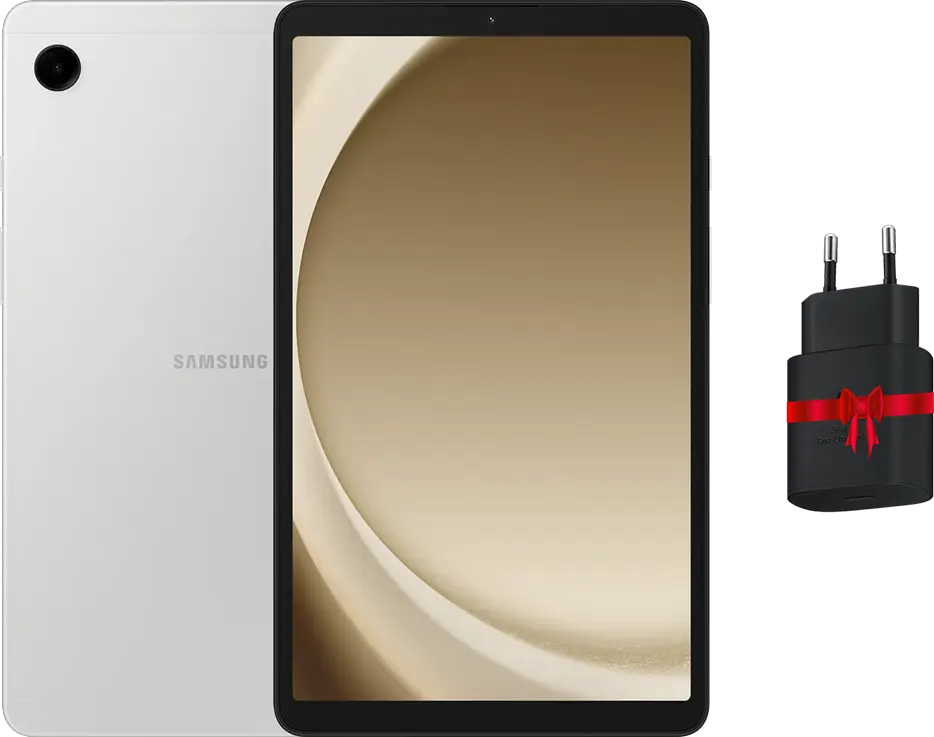 تابلت سامسونج جلاكسي A9، شاشة 8.7 بوصة، ذاكرة داخلية 128 جيجابايت، رامات 8 جيجابايت، شبكة الجيل الرابع، فضي + شاحن هدية