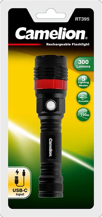 كشاف يدوي كامليون ، قابل لإعادة الشحن ، 300 لومن ، 2000 مللي أمبير ، اسود ، RT395