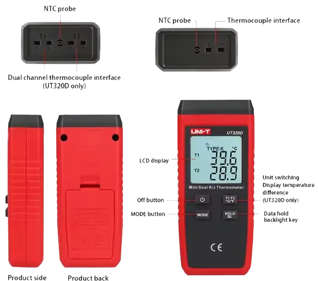 مقياس حرارة  يوني تي ،  ثنائي القناة ، شاشة ديجيتال ، حساب الفرق في درجة الحرارة بين القناتين ، 4.5 فولت ، UT320D