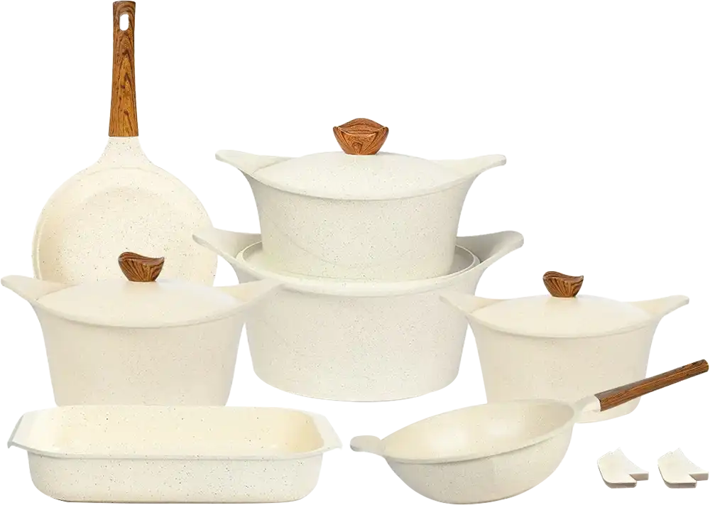 طقم حلل جرانيت جلوري بريميوم 15 قطعة، لون بيج