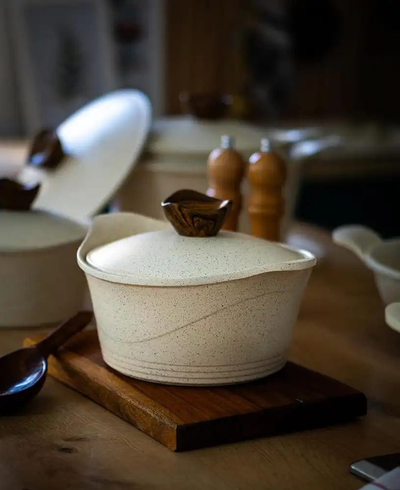 طقم حلل جرانيت جلوري بريميوم 15 قطعة، لون بيج