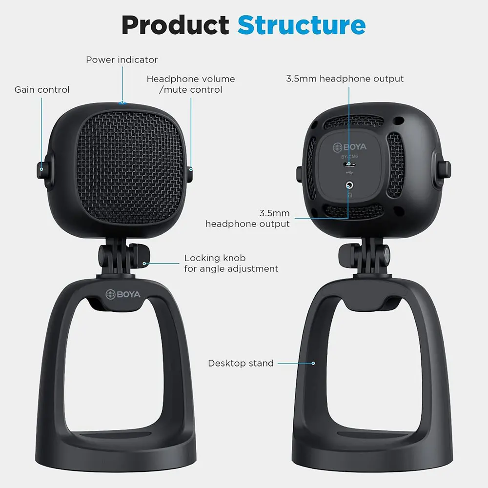 ميكروفون مكتبي سلكي مكثف من بويا، نمط التقاط Cardioid، تردد من 20hz حتى 20khz، منفذ type-c، مخرج سماعة رأس 3.5، أسود، BY-CM6