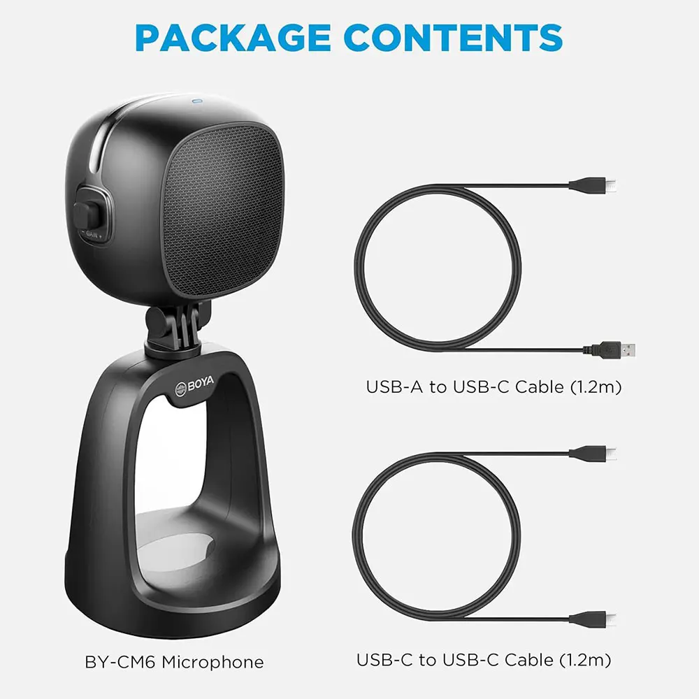 ميكروفون مكتبي سلكي مكثف من بويا، نمط التقاط Cardioid، تردد من 20hz حتى 20khz، منفذ type-c، مخرج سماعة رأس 3.5، أسود، BY-CM6