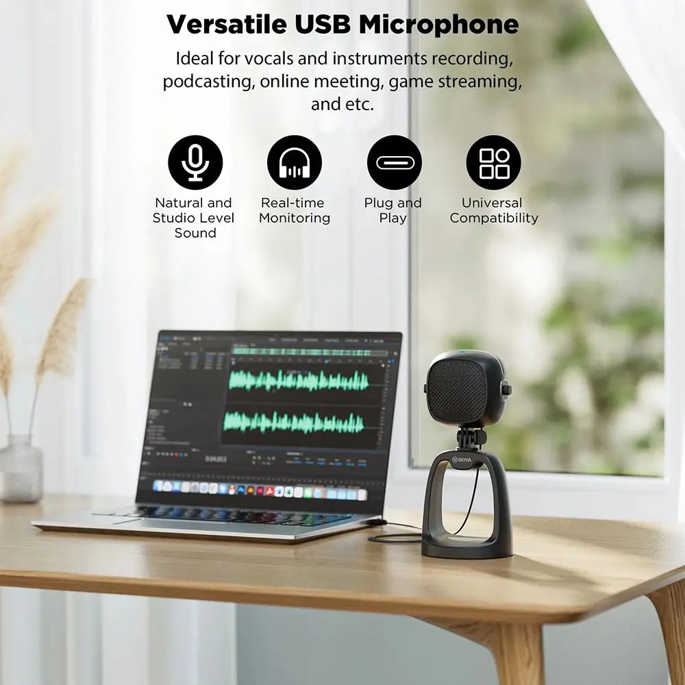 ميكروفون مكتبي سلكي مكثف من بويا، نمط التقاط Cardioid، تردد من 20hz حتى 20khz، منفذ type-c، مخرج سماعة رأس 3.5، أسود، BY-CM6